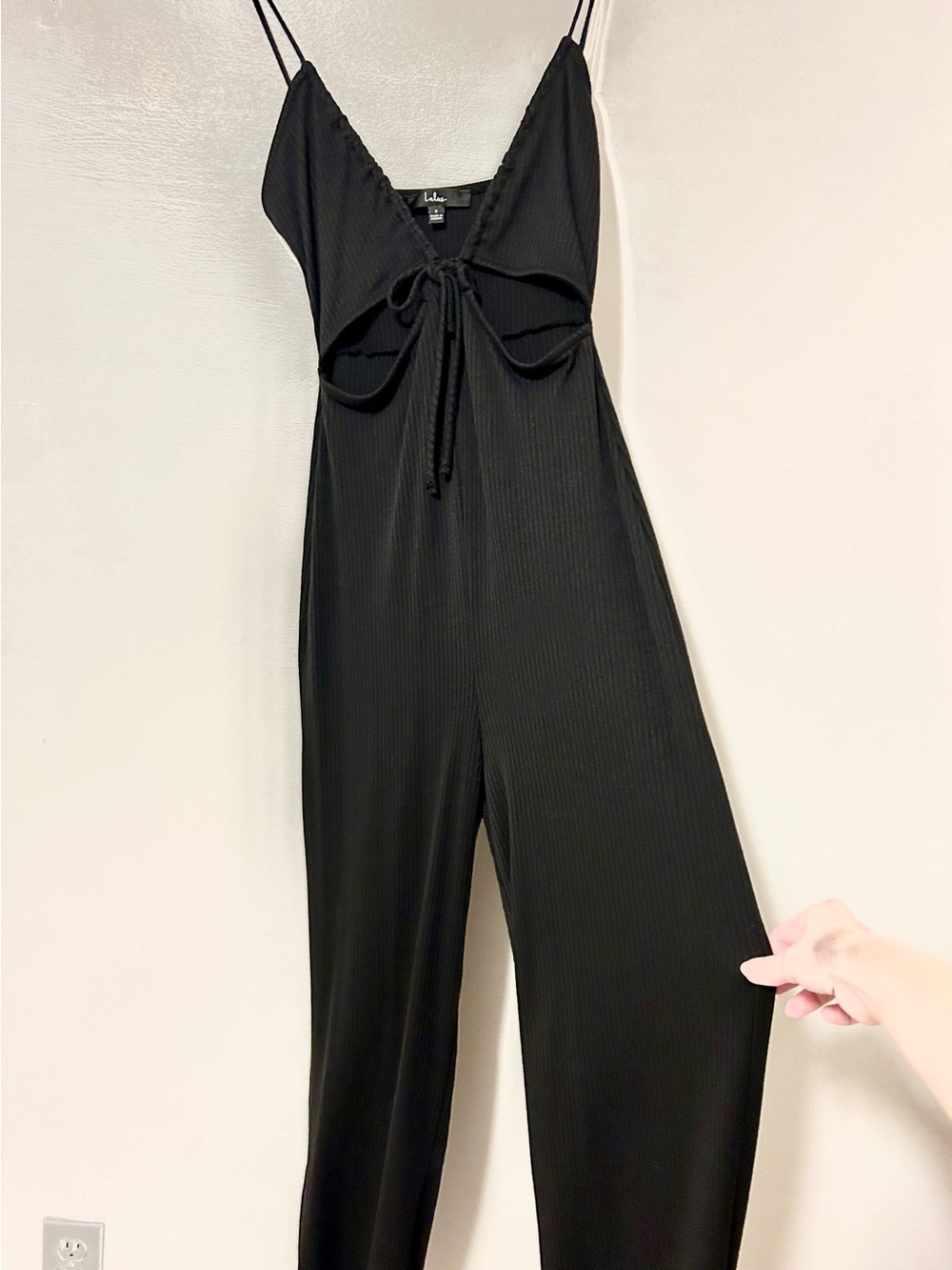 Lulu's Black Ribbed Tie-Front Wide-Leg Jumpsuit